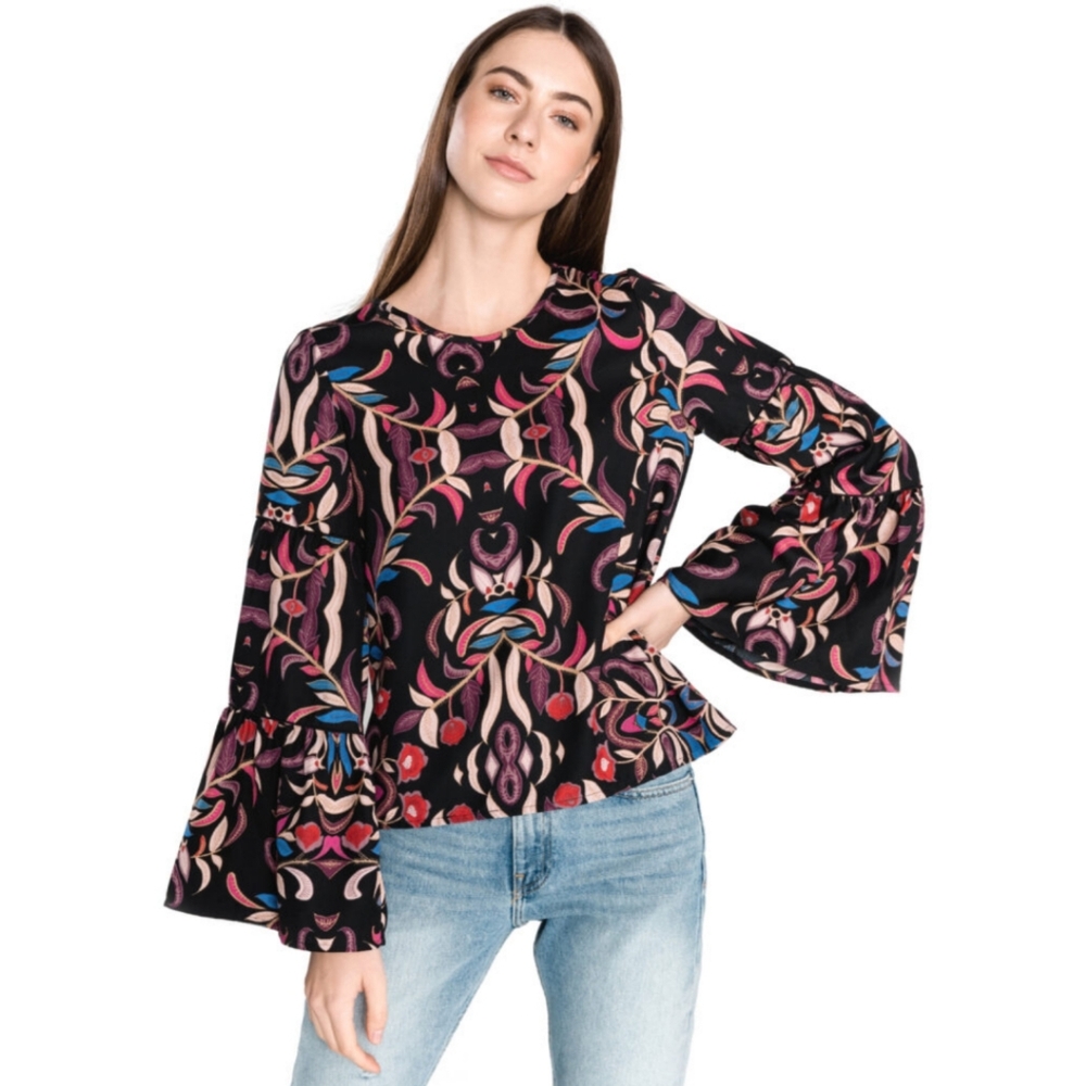 ❌SOLD❌ Vero Moda Gyana Long Bell Sleeve Top Colorful Boho Tiered Blouse